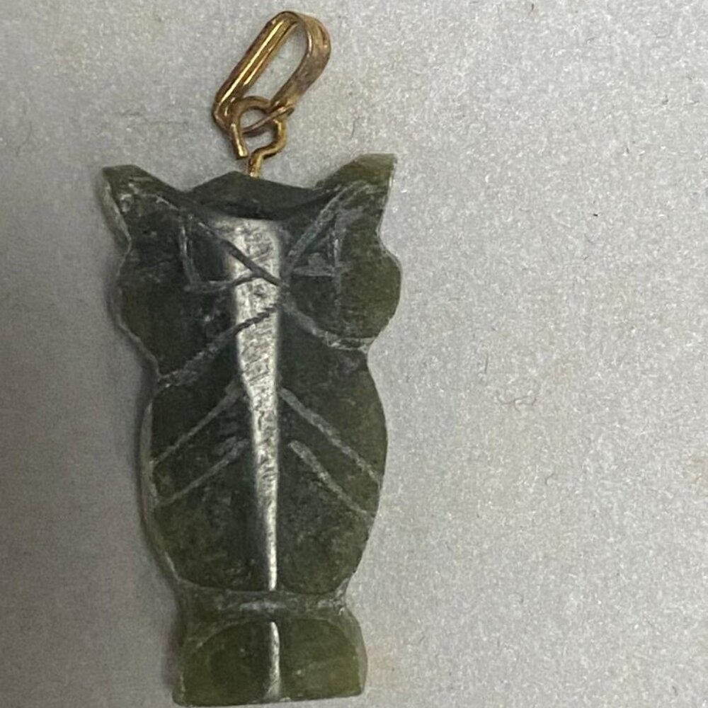 Jade Owl Charm w 18kt Yellow Gold Bale Hand Craved Green Semi preicous stone New